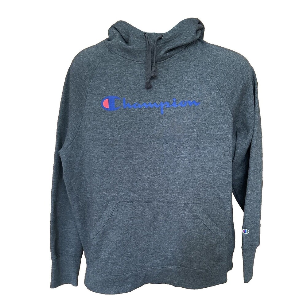 Champion Women's Spell Out Script Logo Pullover Gray Hoodie w/ Pocket Size XL